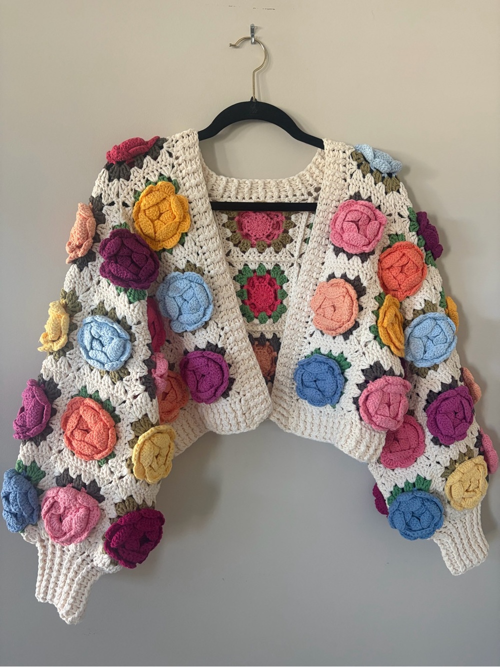 Handmade Cream Crochet Cardigan with Multicolor Floral Appliqués